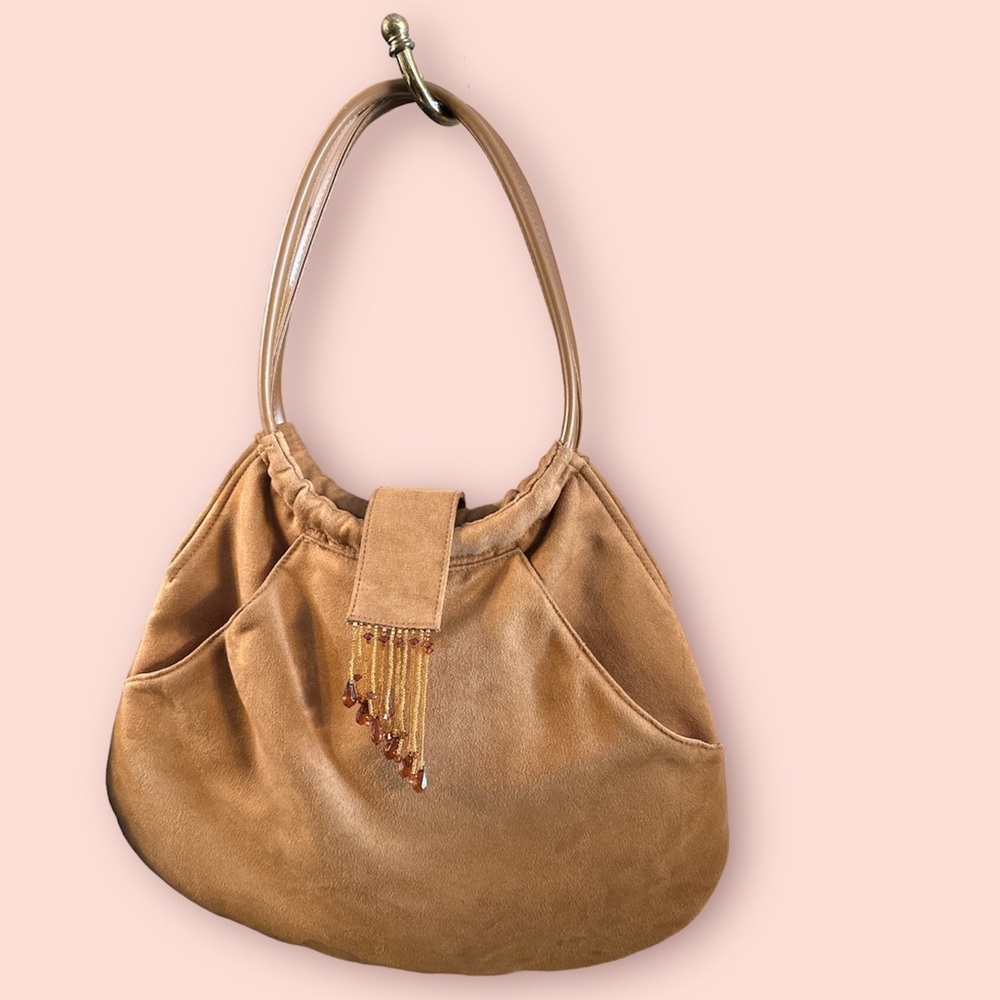 Suede purse - vegan product beaded slouch bag pocketbook